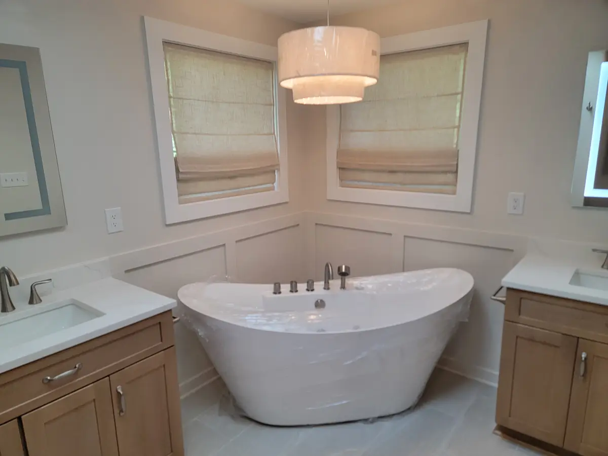 Blue bathroom tile remodel